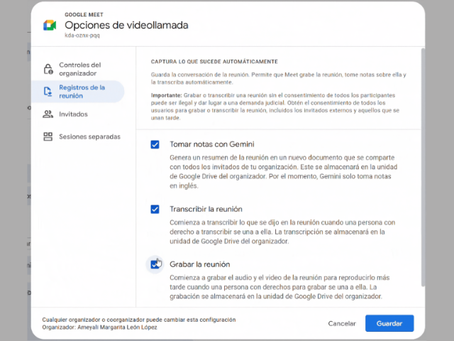 Automatizar la grabación, transcripción y notas  en Google Meet