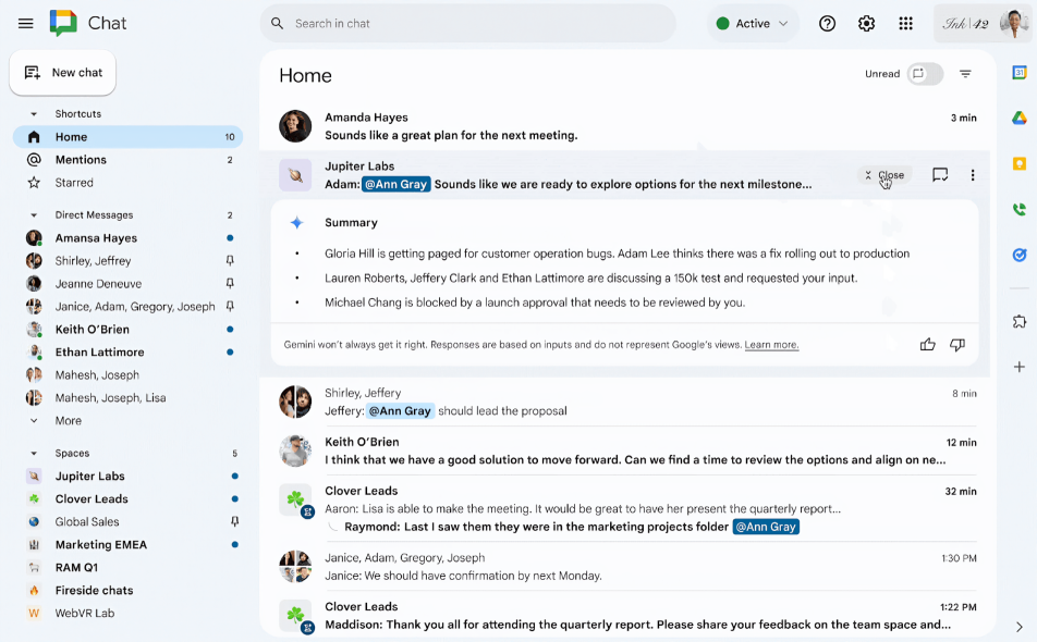 Novedad en Google Chat: ¡Resúmenes inteligentes con Gemini! Descubre cómo esta IA te permite captar lo esencial rápidamente.