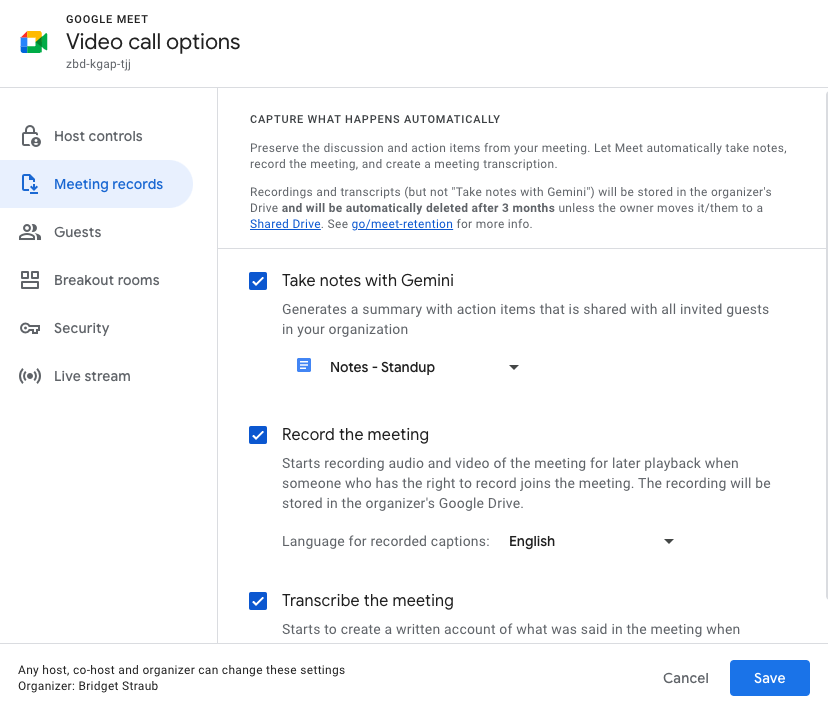 Con Google Calendar preconfigura artefactos de Google Meet. Ahorra tiempo y garantiza que los participantes tengan la información necesaria para tu reunión.