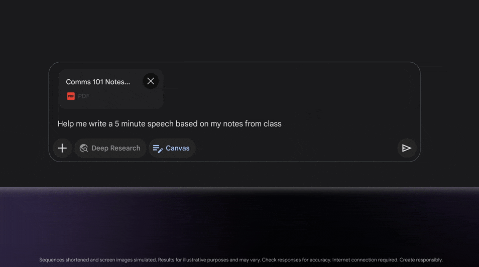 Interfaz de la nueva funcionalidad de Gemini, Canvas, solicitando que cree un speech de 5 minutos con base en un documento pdf.