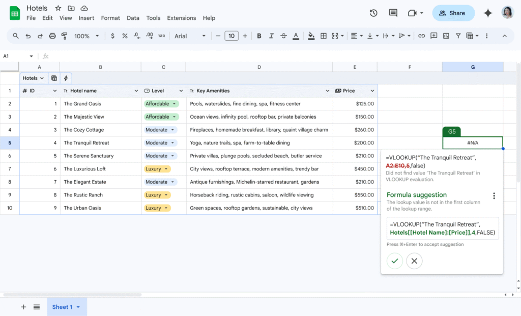 Tabla en Google Sheets (Hojas de cálculo de Google) mostrando un error de formula y cómo la interfaz de Google sugiere diferentes opciones de corrección.