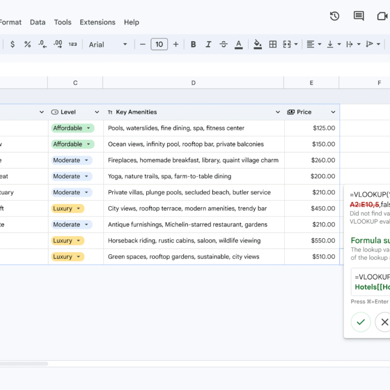 Tabla en Google Sheets (Hojas de cálculo de Google) mostrando un error de formula y cómo la interfaz de Google sugiere diferentes opciones de corrección.