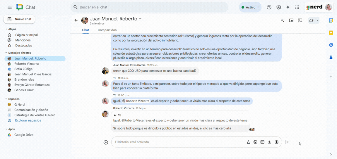 Ejemplo animado del tablero de Google Chat en acción, mostrando cómo anclar y acceder a recursos importantes.
