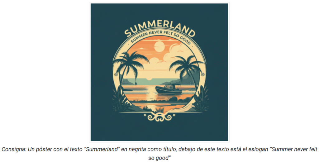 Un póster con el texto “Summerland” en negrita como título, debajo de este texto está el eslogan “Summer never felt so good”. En el centro un logo circular de un barco en un lago con unas palmeras.