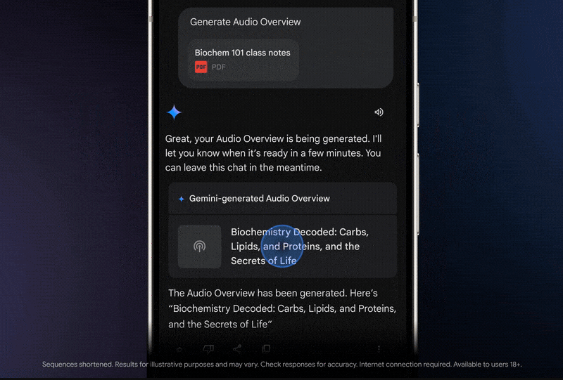 Un móvil mostrando cómo Gemini puede generar un podcast con sólo compartirle algunos archivos.