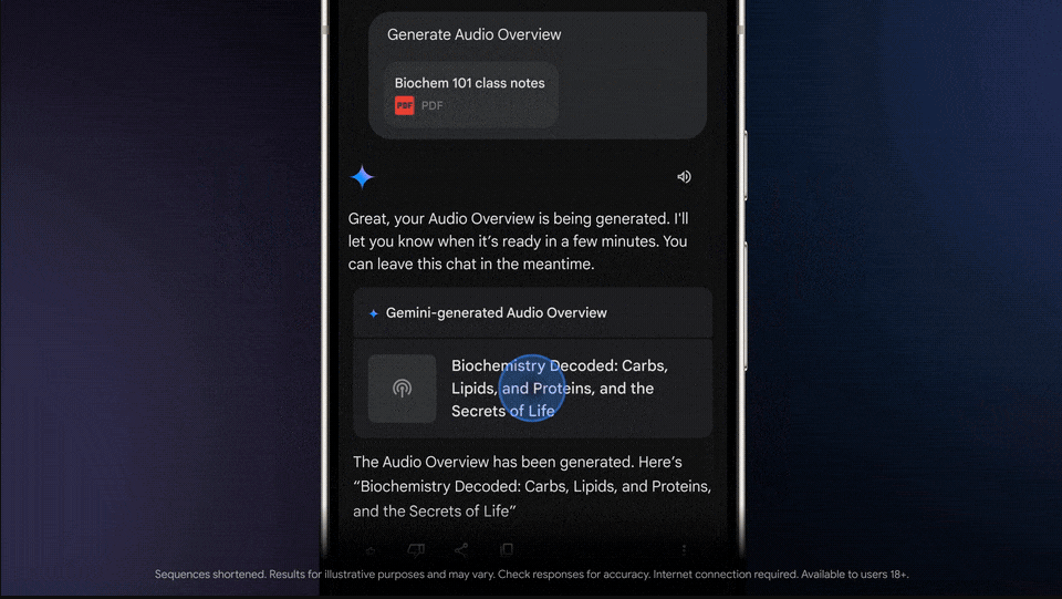 Un móvil mostrando cómo Gemini puede generar un podcast con sólo compartirle algunos archivos.