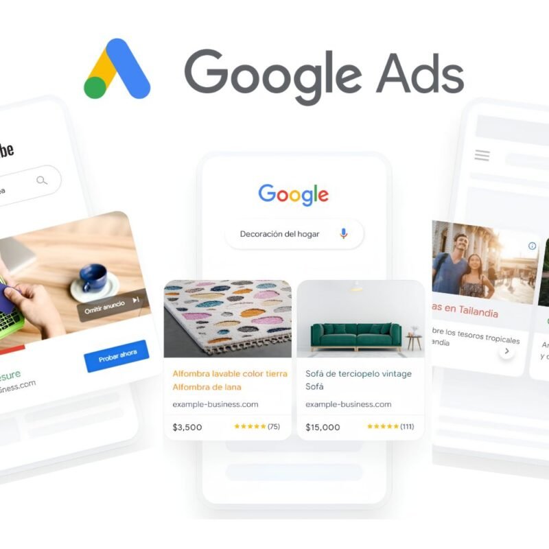 3 ejemplos de anuncios con Google Ads visualizados en un móvil: 1. Campaña en YouTube, 2. Camapaña de búsqueda y 3. Campaña Display.