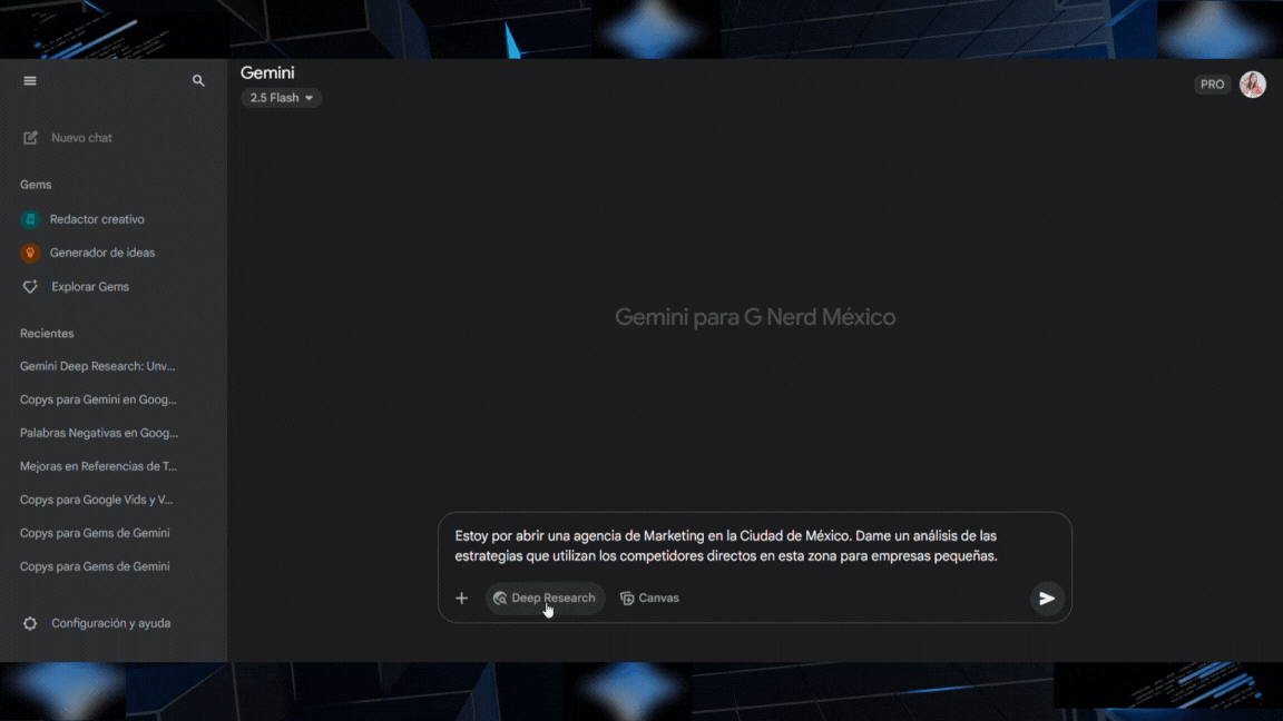 Animación mostrando el proceso de uso de Gemini Deep Research para el análisis de competidores de una agencia de marketing.