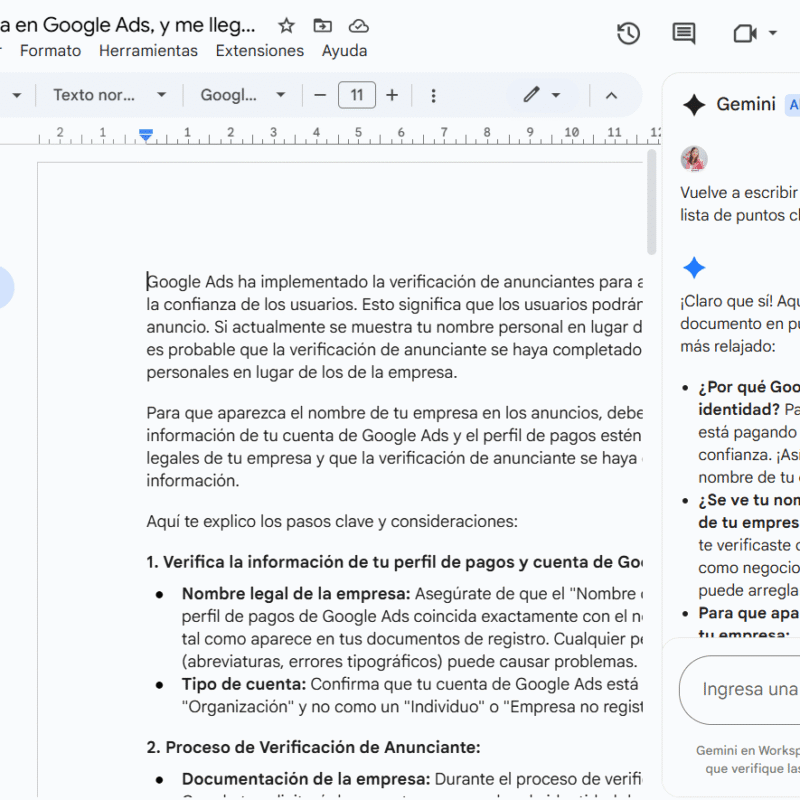 Utiliza Gemini en Google Docs y haz más rápida la redacción de tus documentos con estos prompts.