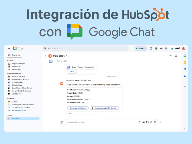 Una conversación de Google Chat con la notificación de HubSpot sobre una nueva venta. Título: Integración de HubSpot con Google Chat.