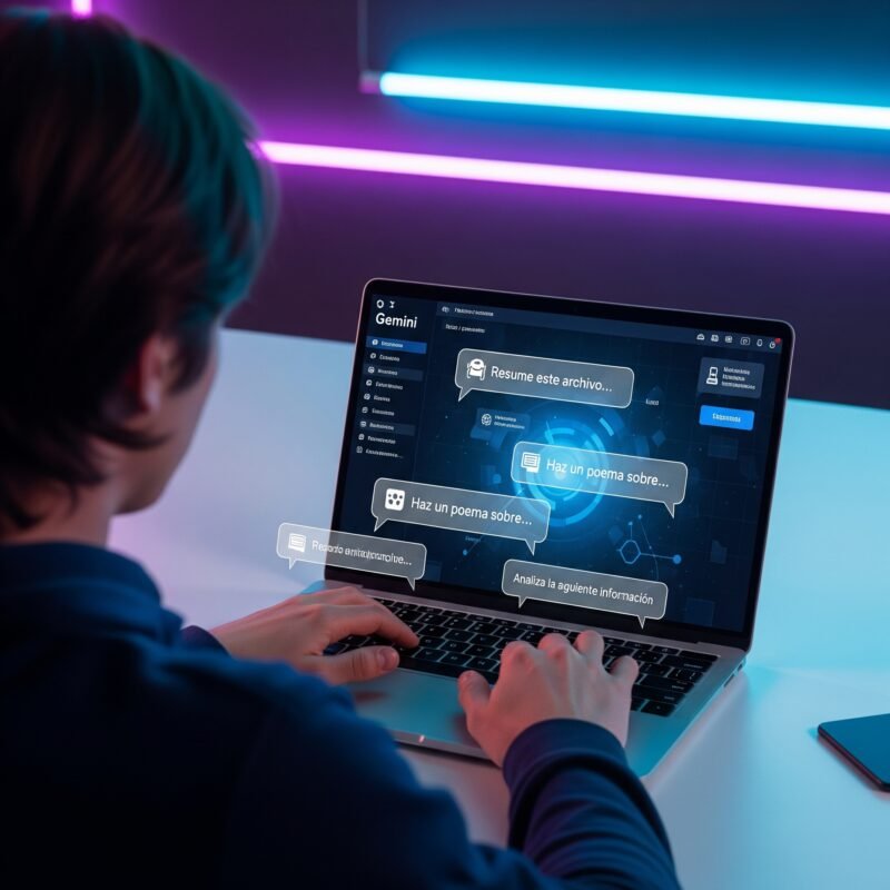 Fotografías a espaldas de un administrativo mostrando cómo escribe prompts útiles en Gemini para facilitar y optimizar sus labores generales.