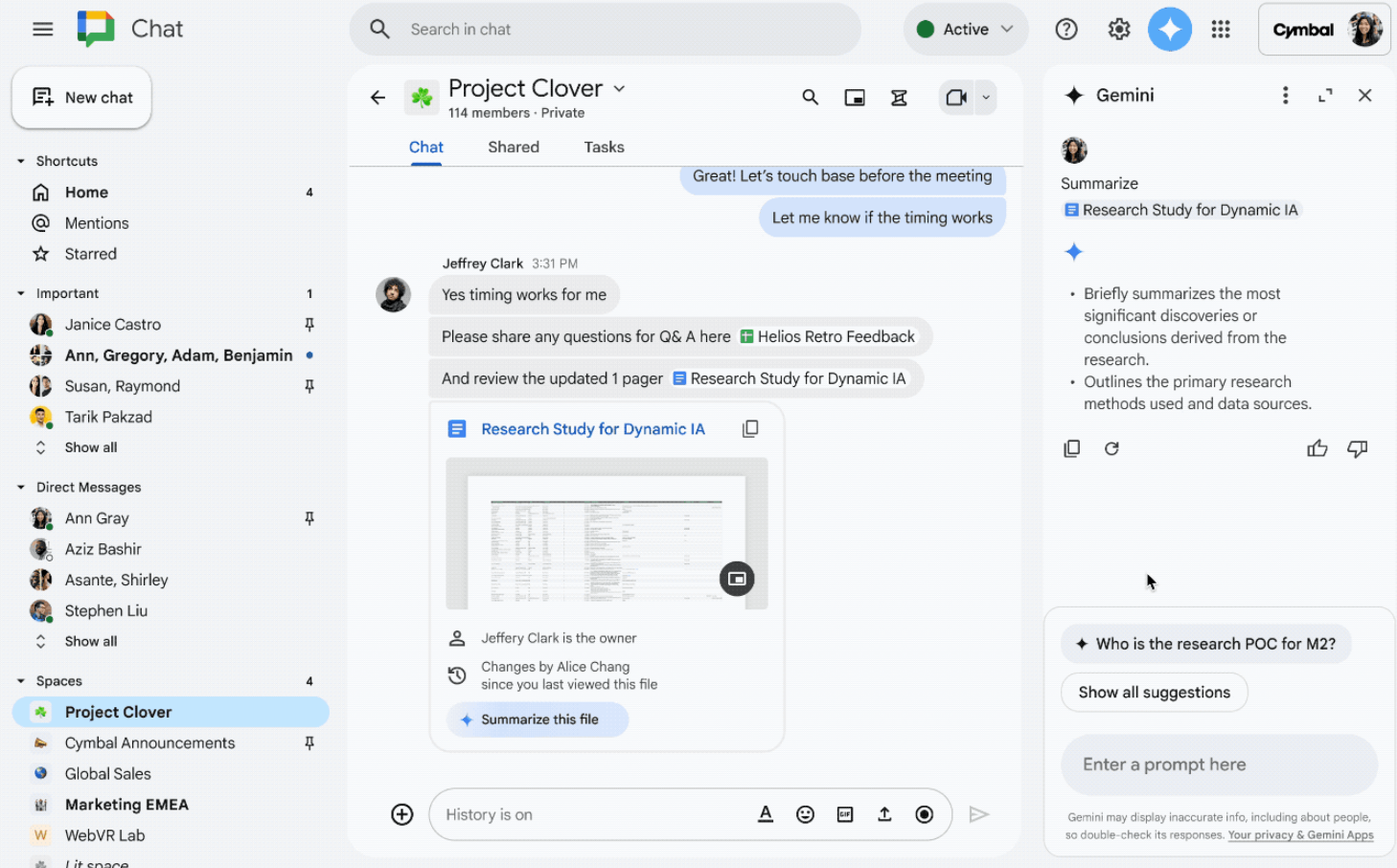 Una conversación en Grupo de Google Chat en la que se comparte un archivo y se resume con la ayuda de Gemini.