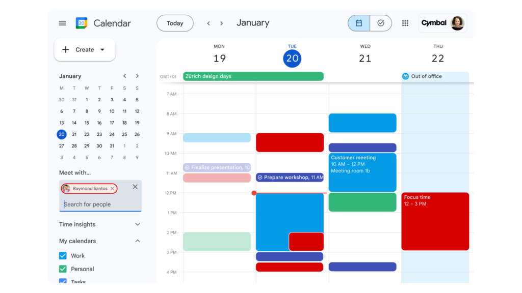Calendario de Google mostrando varios eventos organizados en diferentes colores así como tareas asignadas. De esta forma puedes aumentar tu productividad.