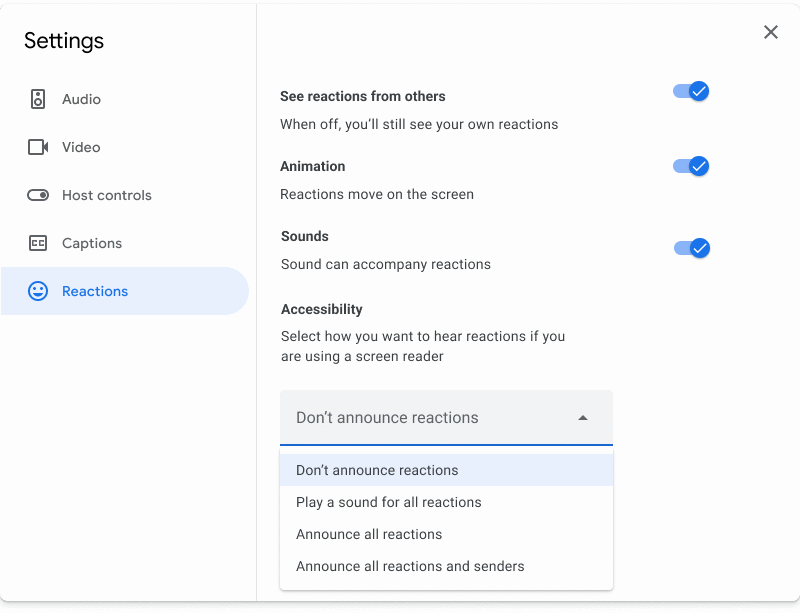 Interfaz de la configuración de lector de pantalla en Google Meet para activar las opciones de accesibilidad en las reuniones.