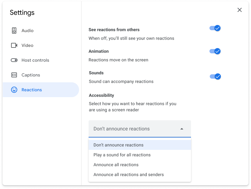 Interfaz de la configuración de lector de pantalla en Google Meet para activar las opciones de accesibilidad en las reuniones.