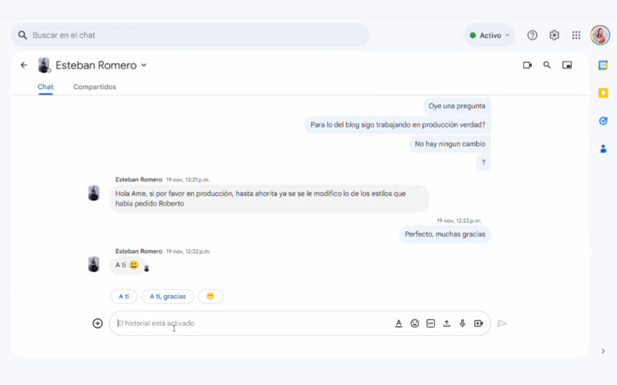 Animation showing a conversation in Google Chat where a section of text is shared using real-time Markdown styling.