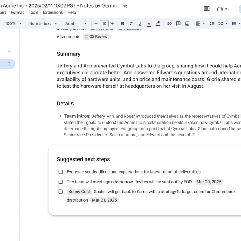 Documento de Google generado por Gemini después de una reunión en Google Meet con la opción "Toma notas por mi" activa. En ella se muestran los detalles de la reunión y los "próximos pasos" a seguir.