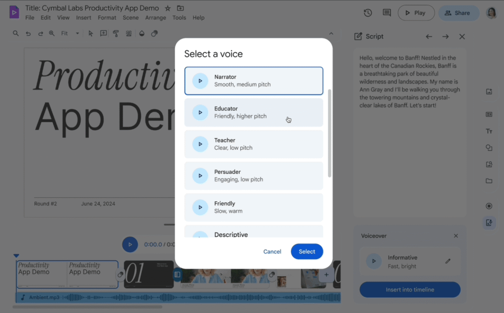Interfaz de Google Vids mostrandolas nuevas opciones de Voces en Off generadas con IA.