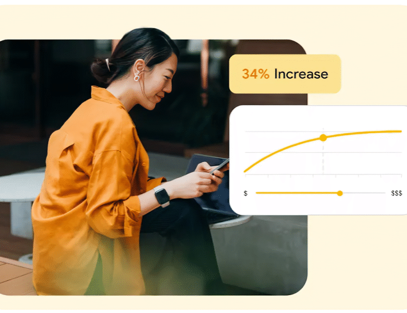 Mujer comprando algo en su celular. Junto una gráfica lineal mostrando un incremento del 34% en ventas.