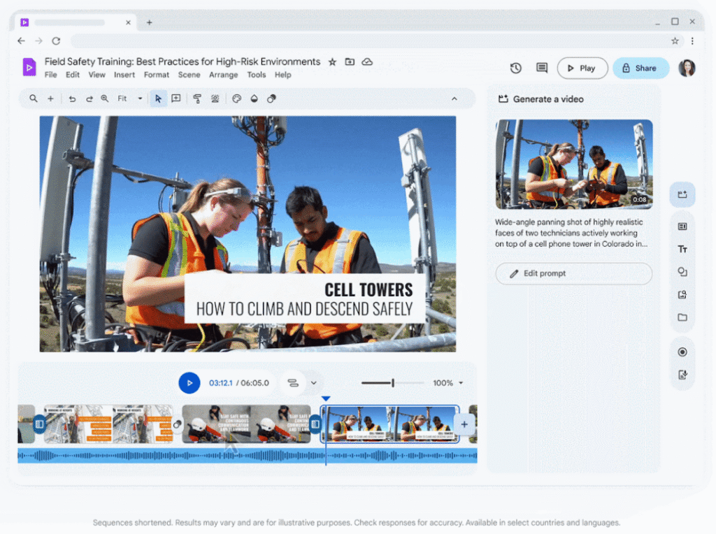 Clip generado con la ayuda de Veo 3 desde Google Vids de dos técnicos trabajando en una torre de comunicación.