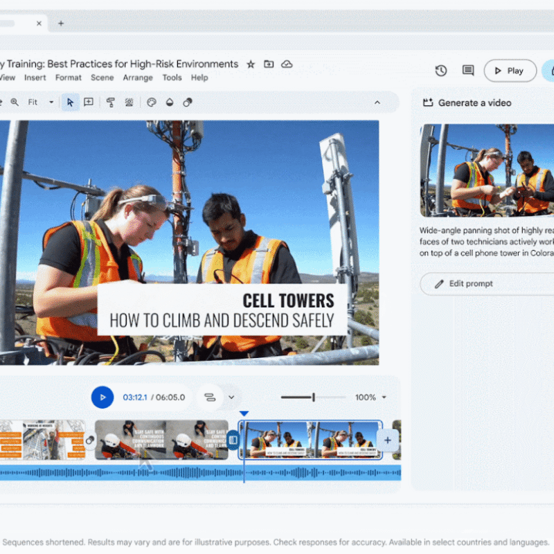 Clip generado con la ayuda de Veo 3 desde Google Vids de dos técnicos trabajando en una torre de comunicación.