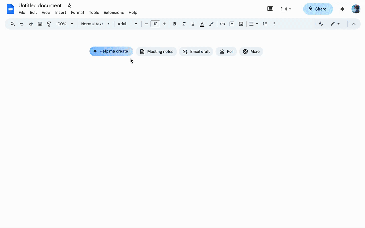 GIF showing how to use the "Help me create" feature in Google Docs.