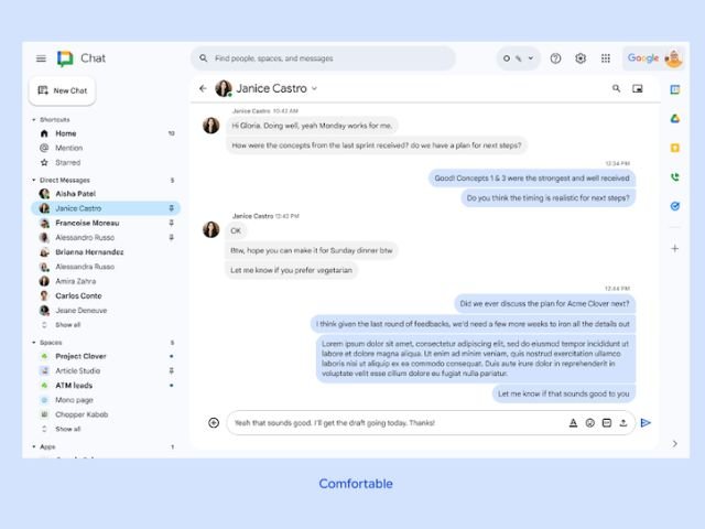 Comfortable Mode in Google Chat, inspired by the modern Google Material Design 3.