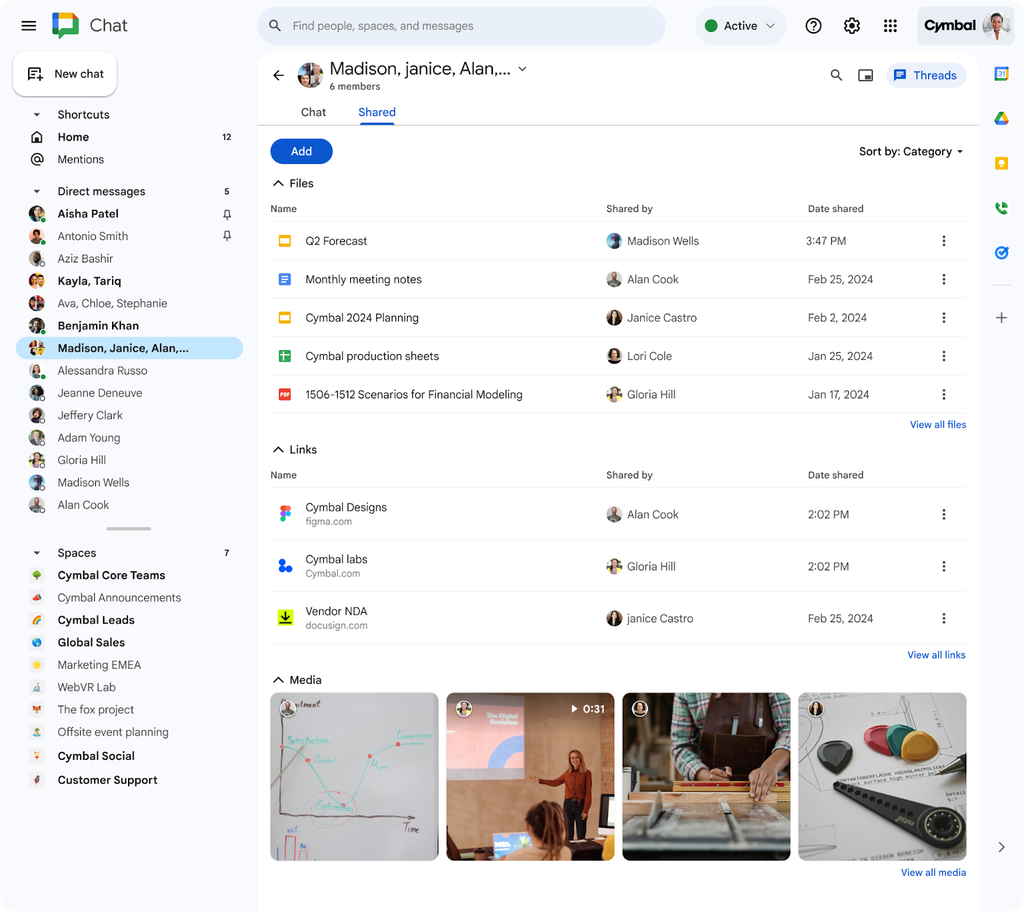 "Shared" tab in Google Chat. A space where you can find all files and links sent in a conversation.