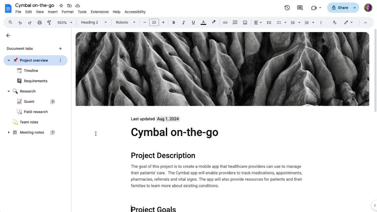 GIF showing the use of tabs in Google Docs to help organize your information.