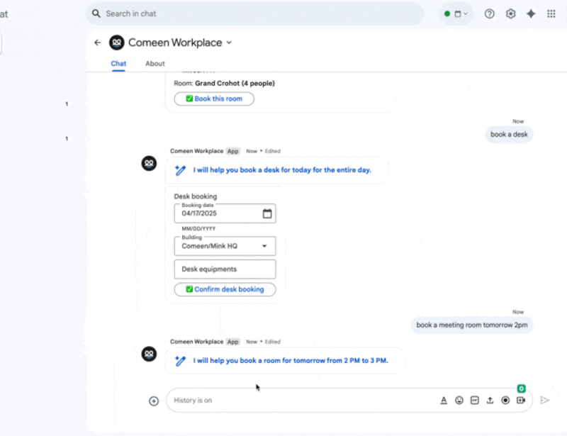 Conoce la integración de Comeen en Google Chat. Esta aplicación optimiza la gestión del trabajo híbrido y ayuda a tus empleados a ser más productivos de forma sencilla.