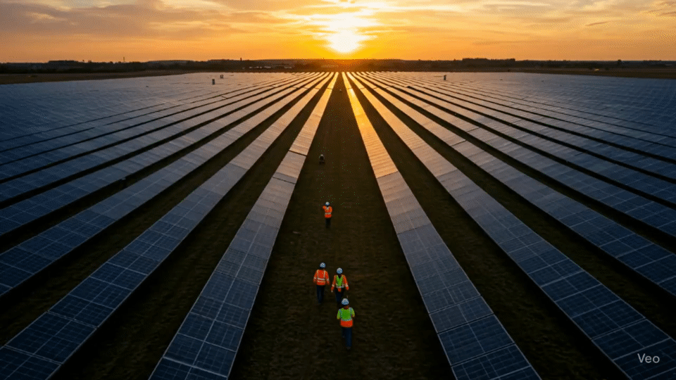 Pan shot as more workers in safety vests walk toward the foreground, among solar panels.