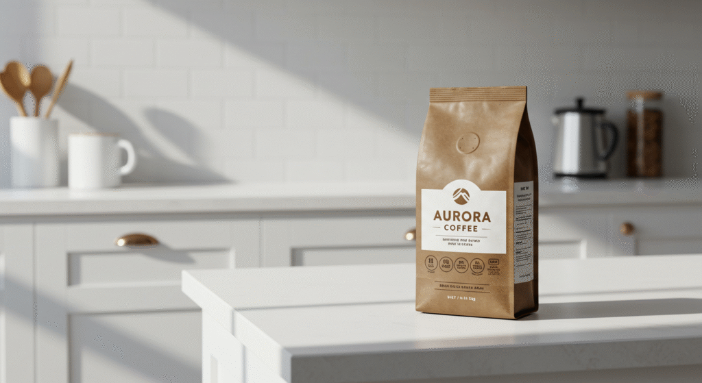 Static image of a bag of coffee in a kitchen, generated by Google's Veo 3.