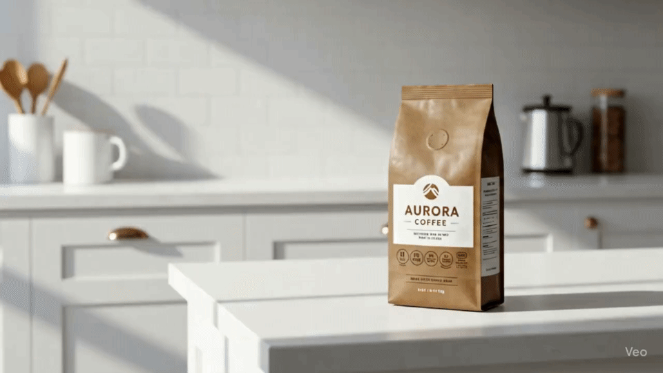 GIF of a bag of coffee in a kitchen. Suddenly a woman with a coffee cup arrives and looks at the coffee with satisfaction. Generated by Google's Veo 3.