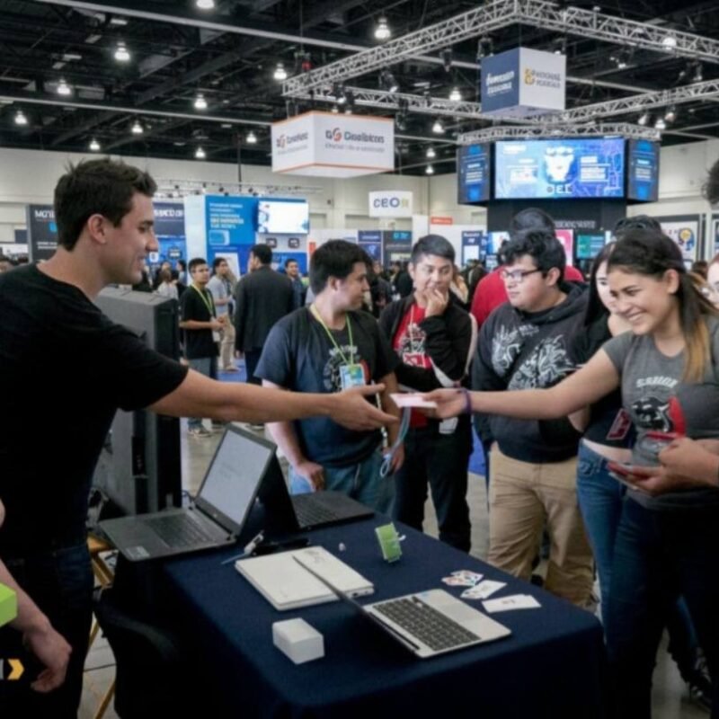 Jóvenes interesados en aprender sobre Google Workspace y Gemini recibiendo información por expertos de G Nerd en un stand del evento.
