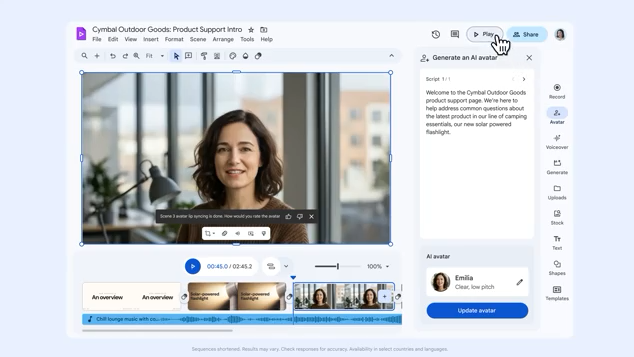 Avatar de una mujer generada por la IA de Google presentando los nuevos productos de una empresa en un video hecho en Google Vids.