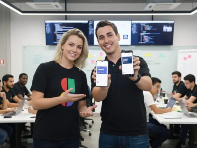 Miembros de G Nerd realizando demostraciones de actividades interactivas que se impartiran durante la Expo Google Workspace & Gemini AI en un par de celulares.
