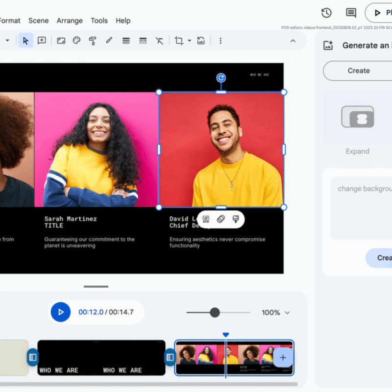 La edición de una imagen de un profesional de Google con la ayuda de Gemini en Google Vids.