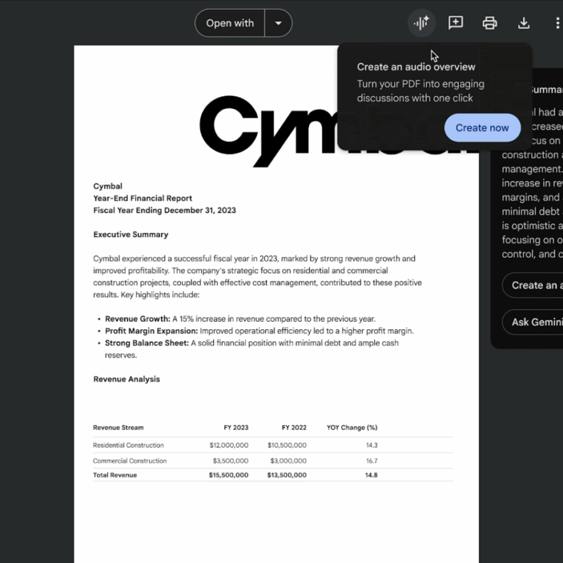 Genera resúmenes de audio de tus archivos PDF en Google Drive con la ayuda de Gemini y ahorra tiempo en la lectura de extensos archivos.