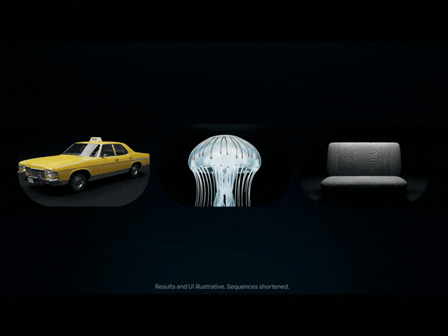 Interfaz de la herramienta Flow de Google mostrando una transición fluida (morphing) de video generativo entre un taxi, una medusa y un sofá.