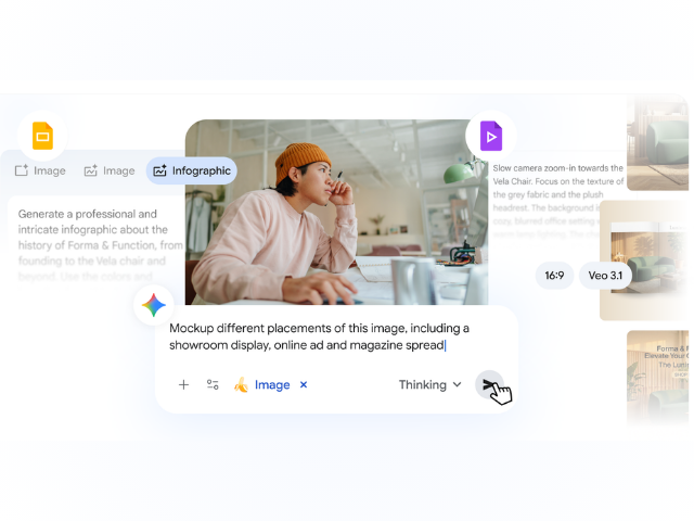Interfaz digital de herramientas de IA que muestra prompts para generar infografías y mockups, superpuesta sobre la foto de un joven creativo trabajando en una oficina.