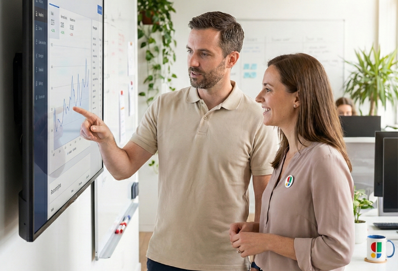 Líderes empresariales analizando gráficos de rendimiento y datos estratégicos en una pantalla digital durante una sesión de consultoría sobre IA y Gemini.