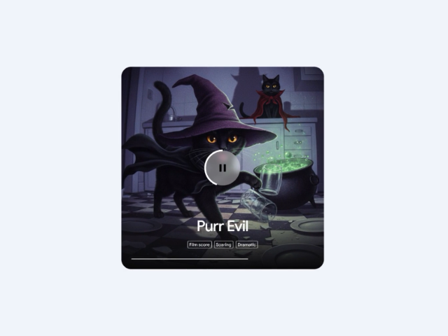 Ejemplo de carátula de audio generada por la IA de Gemini titulada 'Purr Evil'. La imagen muestra a un gato negro vestido de mago en una cocina alquímica, acompañada de etiquetas de estilo musical como 'Film score' y 'Dramatic', ilustrando la capacidad de creación musical de Lyria 3.