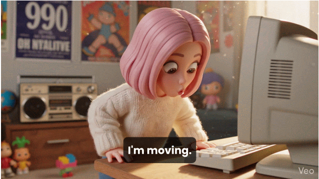 Avatar animado en 3D con cabello rosa frente a una computadora con el texto "I'm moving", utilizado como ejemplo de las mejoras de inteligencia artificial en Google Vids.