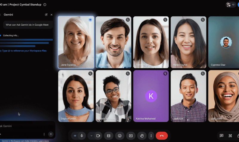 Interfaz de Google Meet en cuadrícula con diez participantes. Se abre un cuadro de diálogo del lado izquierdo que te permite utilizar la función "Pregunta a Gemini".