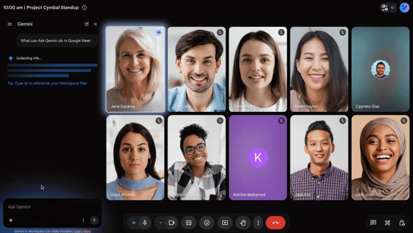 Interfaz de Google Meet en cuadrícula con diez participantes. Se abre un cuadro de diálogo del lado izquierdo que te permite utilizar la función "Pregunta a Gemini".