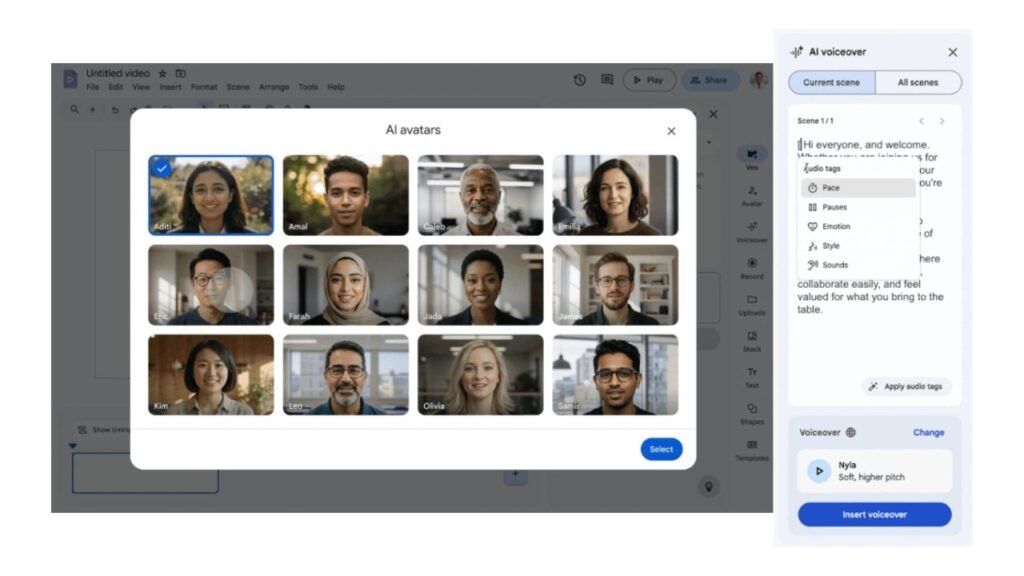 Interfaz de Google Vids configurando etiquetas de texto para voz de IA y selección de avatares.
