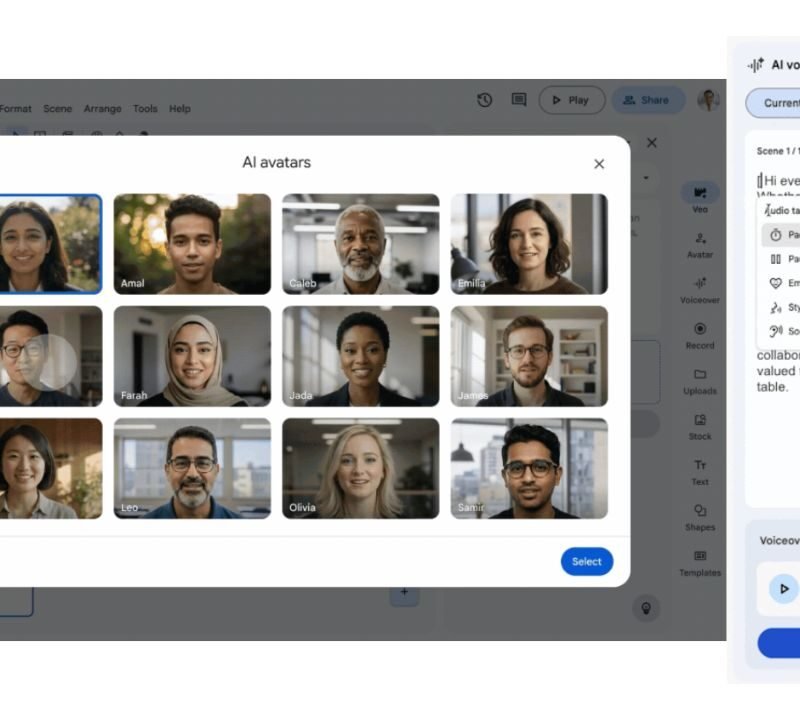Interfaz de Google Vids configurando etiquetas de texto para voz de IA y selección de avatares.