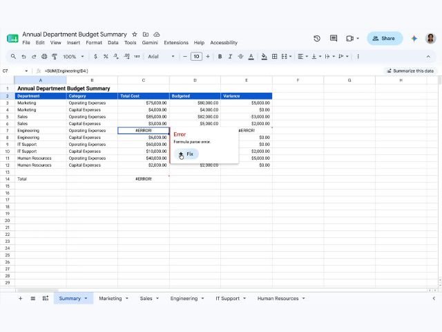 Interfaz de una hoja de calculo de Google con una tabla que resume el presupuesto anual invertido por departamento en una empresa. En una de las celdas se muestra un error de fórmula.