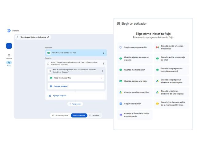 Interfaz de Google Workspace Studio que muestra la configuración de pasos de un flujo de trabajo y el menú desplegable para elegir un activador.