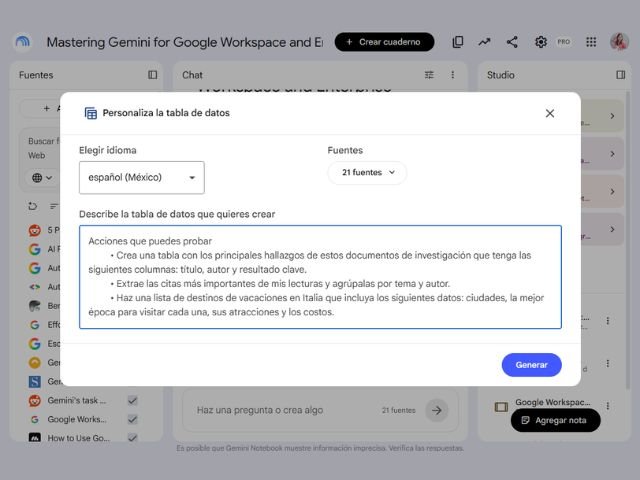 Configuración en Gemini Notebook para personalizar y generar una tabla de datos a partir de fuentes importadas.